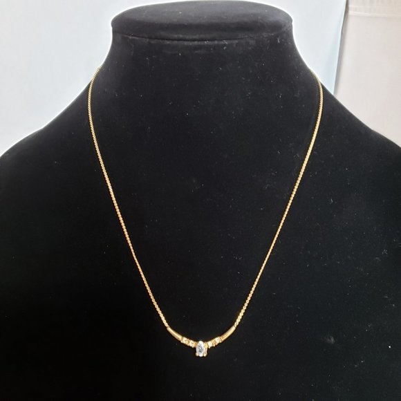 NECKLACE Gold Tone With 4 Small Clear & 1 Center Sky Blue Rhinestones 19” - Picture 2 of 16